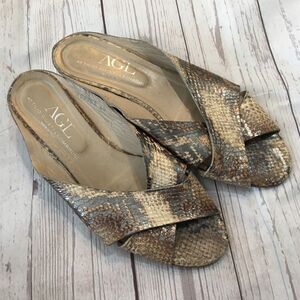 AGL Tan & Black Snakeskin Print Leather Wedge Slip On Sandals